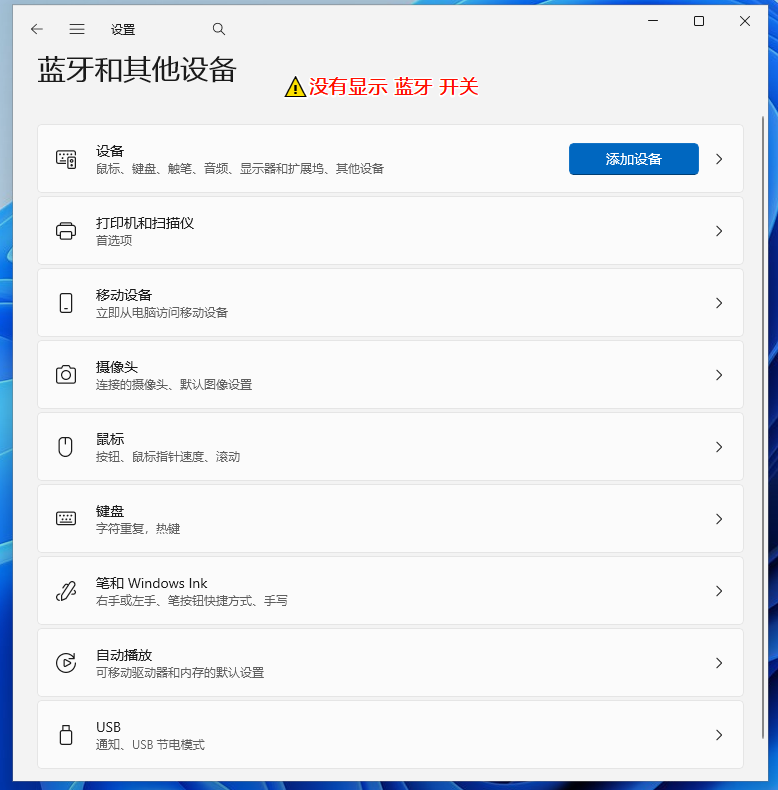 Windows 11系统中蓝牙和其他设备没有蓝牙开关 Windows 11系统中蓝牙和其他设备没有蓝牙开关